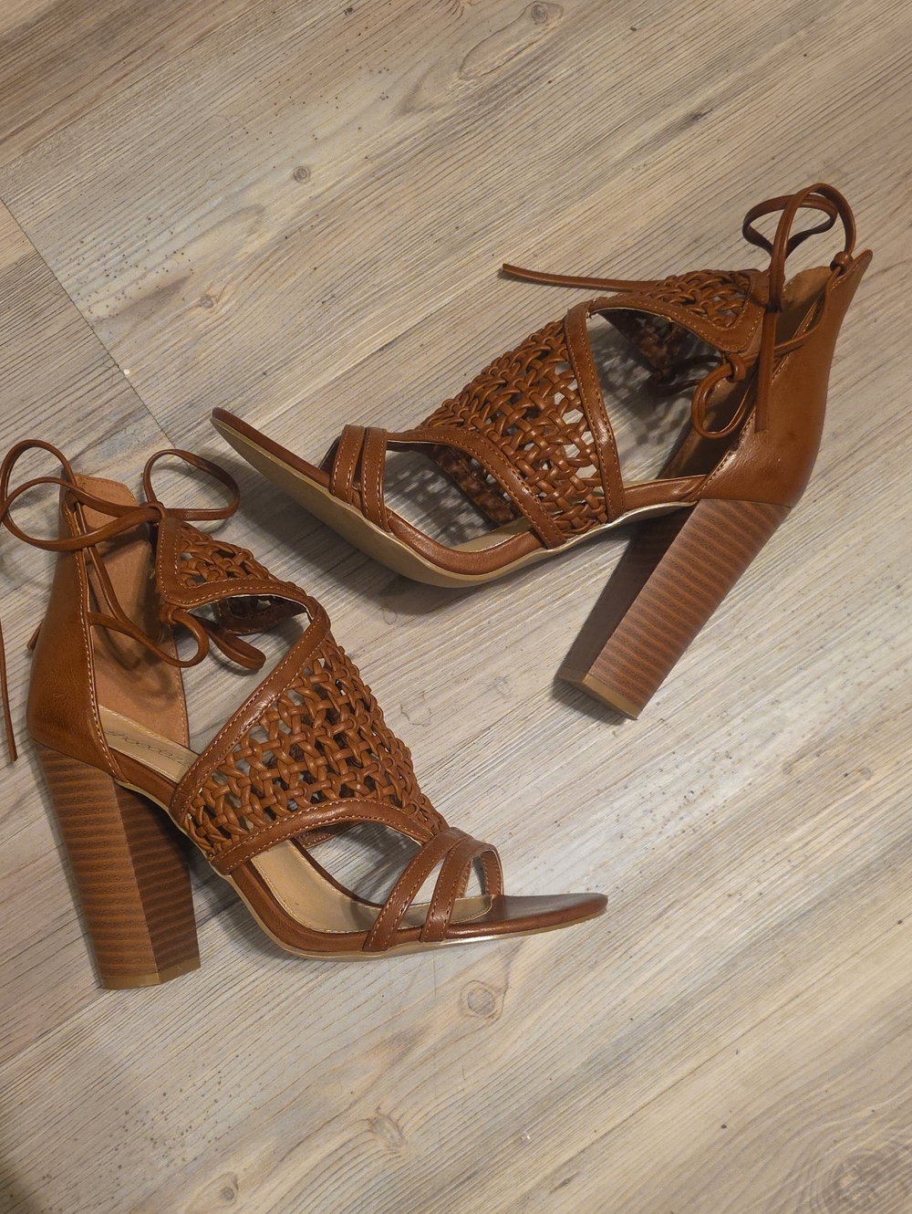 Woven Lace-Up Block Heel Sandals - Brown